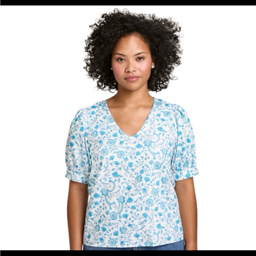 V-Neck Floral Print Top in Light Blue and White